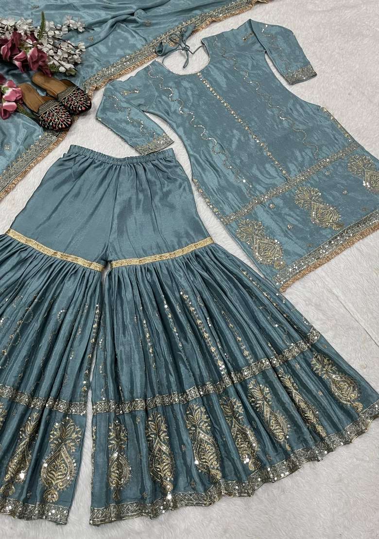 Grey Embroidery Chinon Palazzo Set - Indya