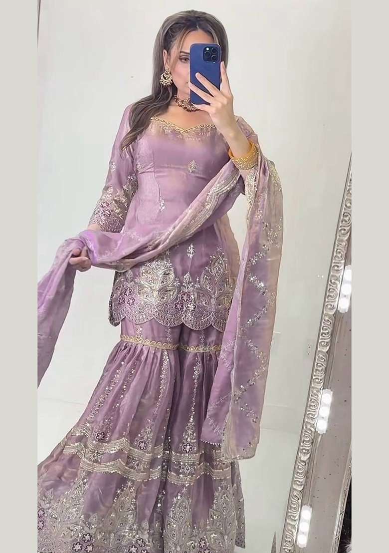 Lavender Embroidery Fendi Kurta Set - Indya