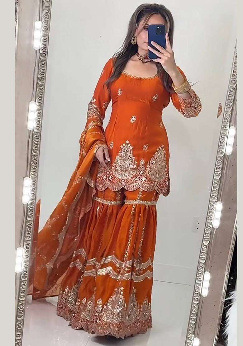 Orange Embroidery Fendi Kurta Set - Indya