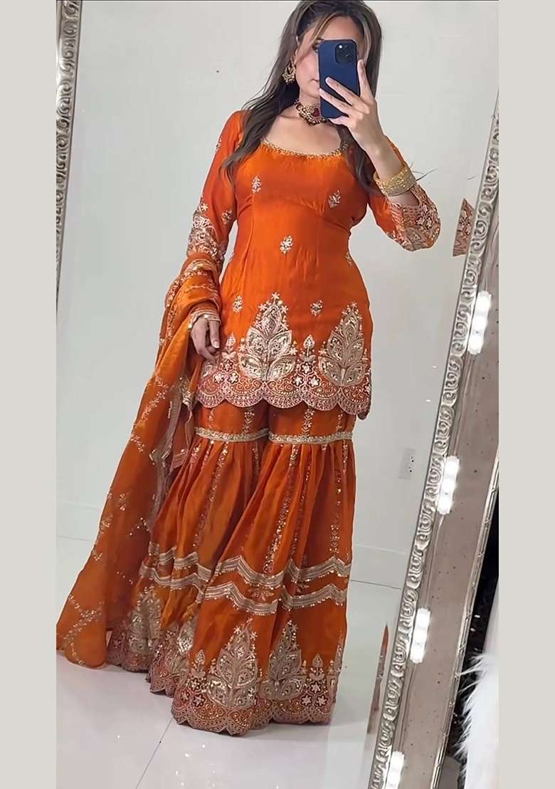 Orange Embroidery Fendi Kurta Set - Indya