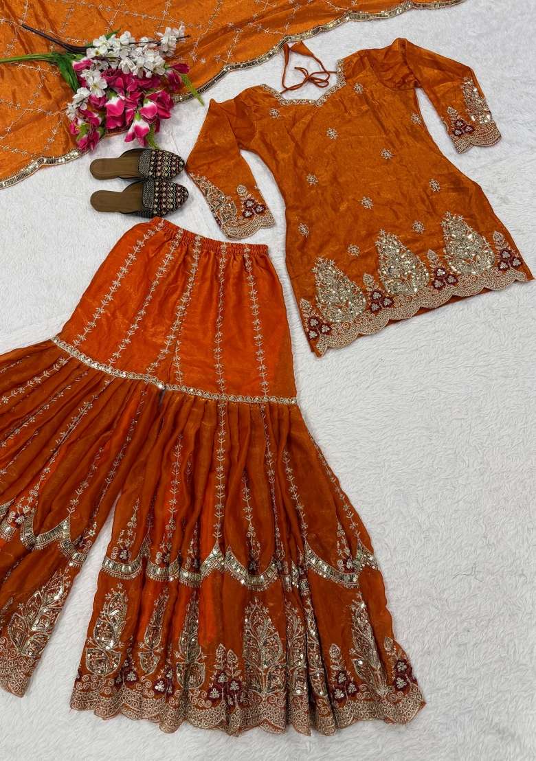 Orange Embroidery Fendi Kurta Set - Indya