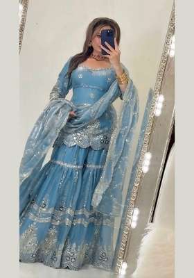 Sky Blue Embroidery Fendi Kurta Set
