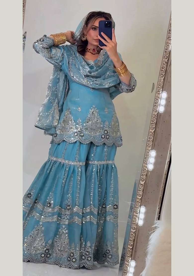 Sky Blue Embroidery Fendi Kurta Set - Indya