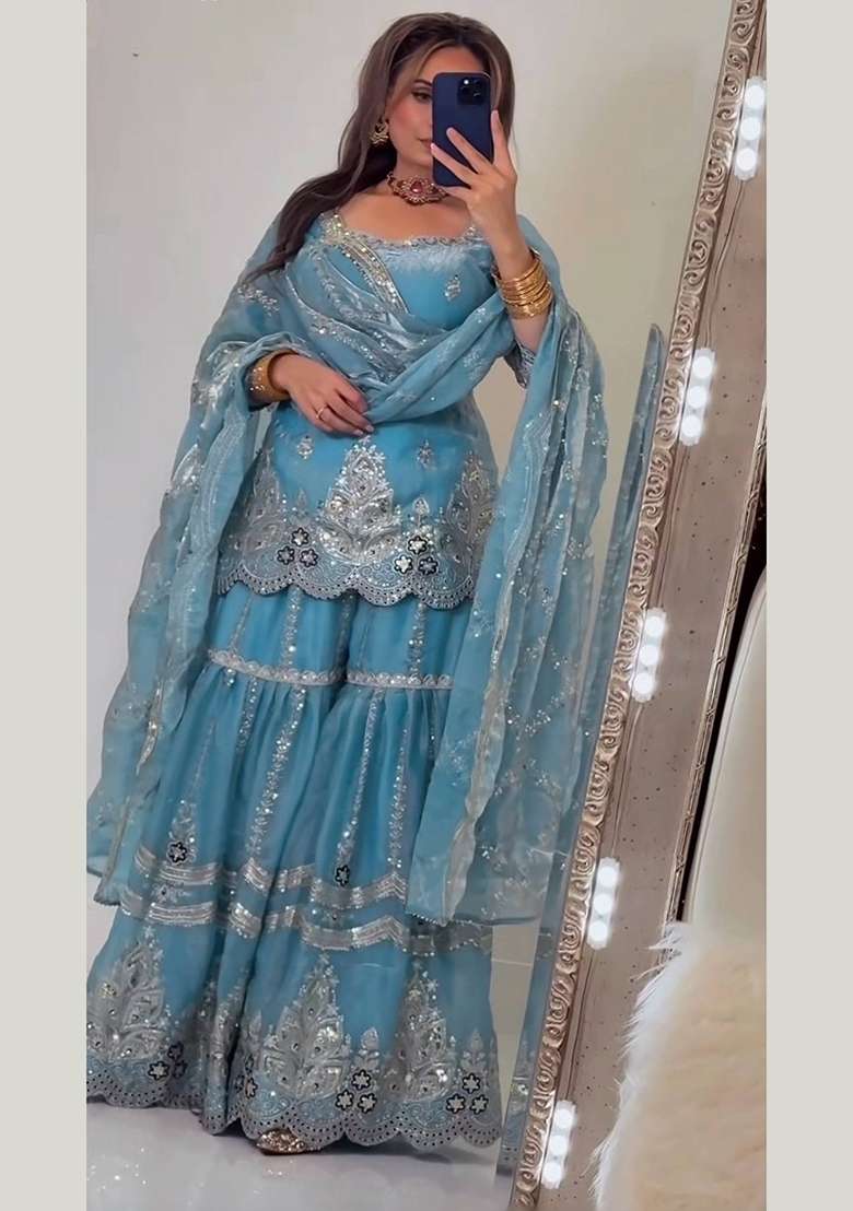 Sky Blue Embroidery Fendi Kurta Set - Indya