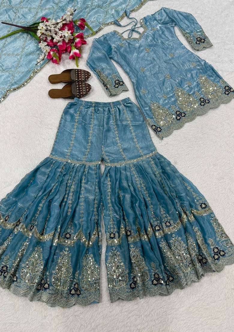 Sky Blue Embroidery Fendi Kurta Set - Indya
