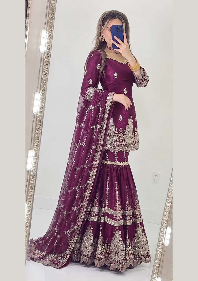 Wine Embroidery Fendi Kurta Set - Indya