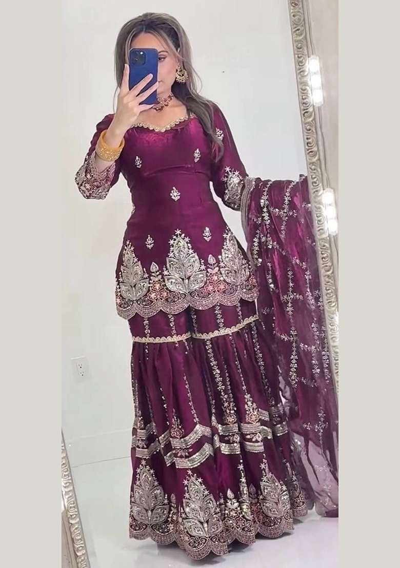 Wine Embroidery Fendi Kurta Set - Indya