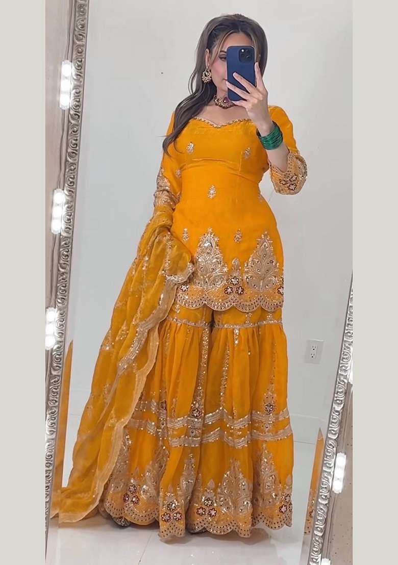 Yellow Embroidery Fendi Kurta Set - Indya