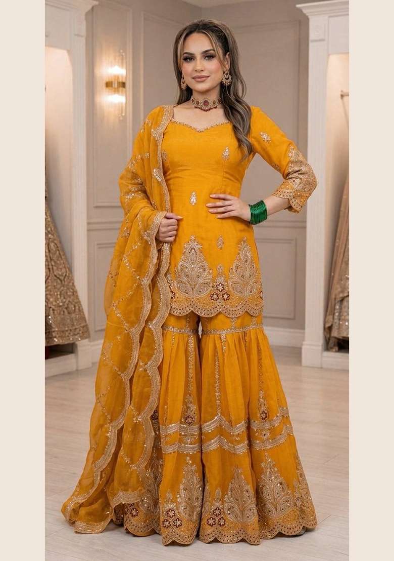 Yellow Embroidery Fendi Kurta Set - Indya