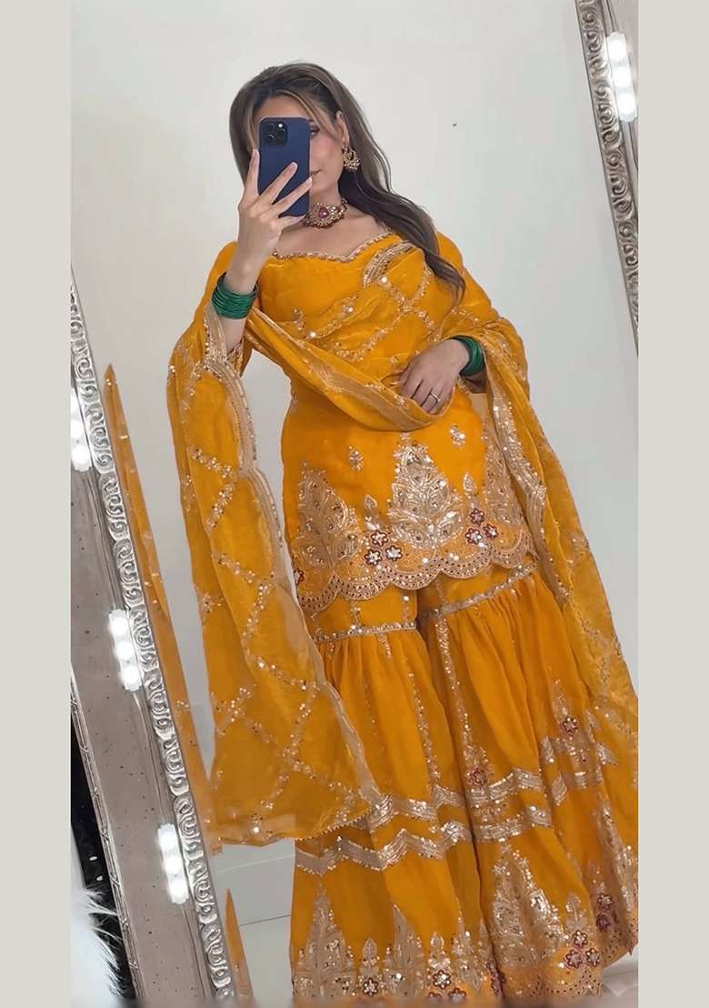 Yellow Embroidery Fendi Kurta Set - Indya