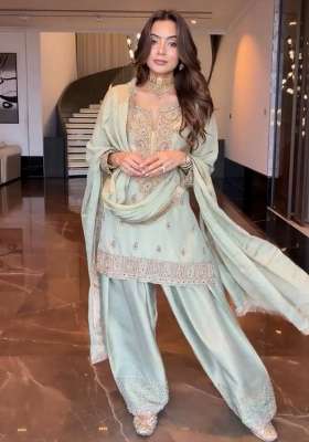 Pista Embroidery Chinon Kurta Set