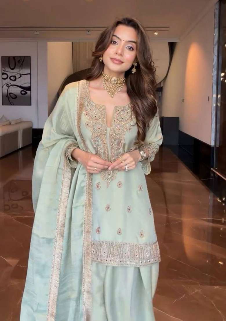 Pista Embroidery Chinon Kurta Set - Indya
