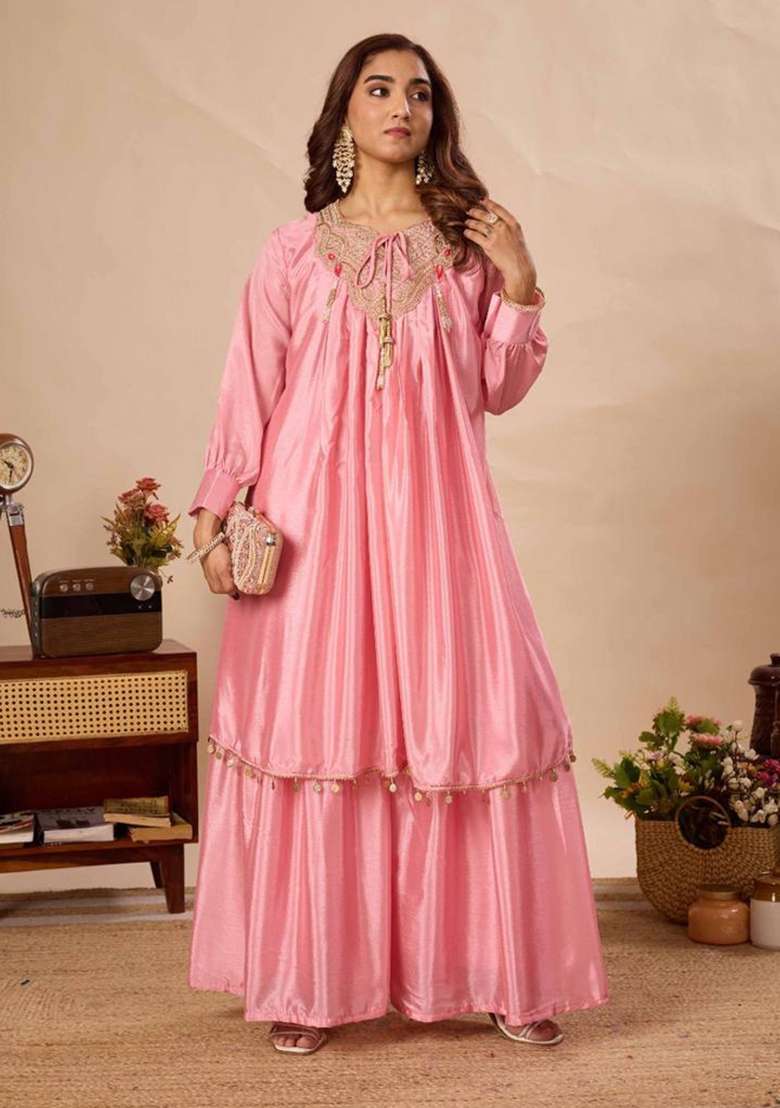 Peach Embroidery Chinon Kurta Set - Indya
