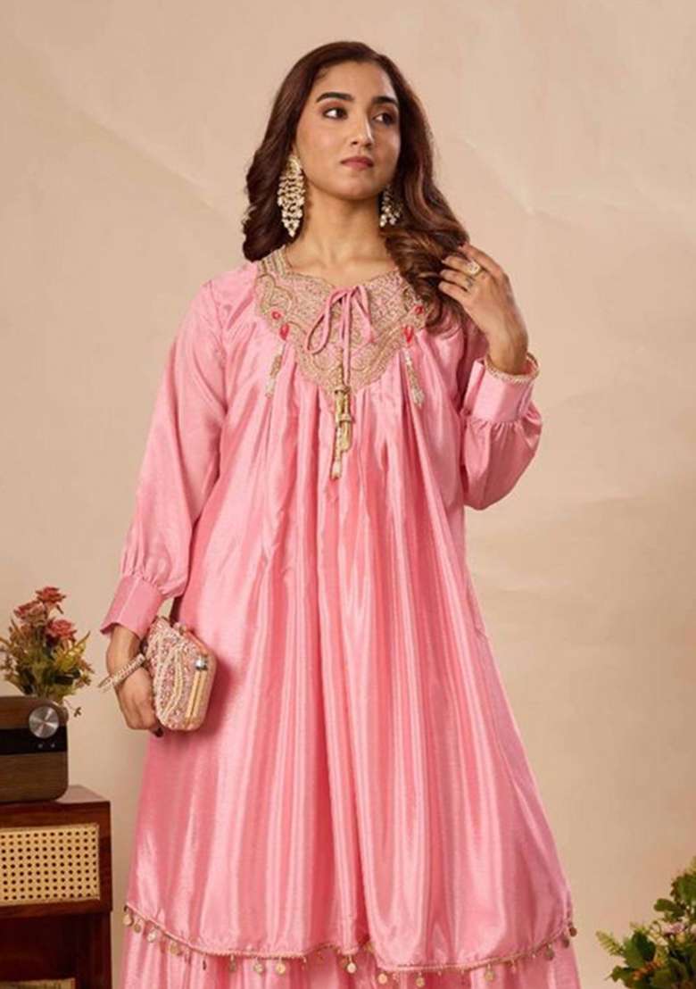 Peach Embroidery Chinon Kurta Set - Indya