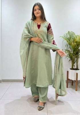 Pista Embroidery Chanderi Kurta Set