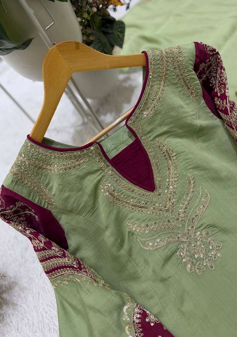 Pista Embroidery Chanderi Kurta Set - Indya
