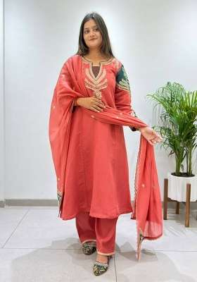 Orange Embroidery Chanderi Kurta Set