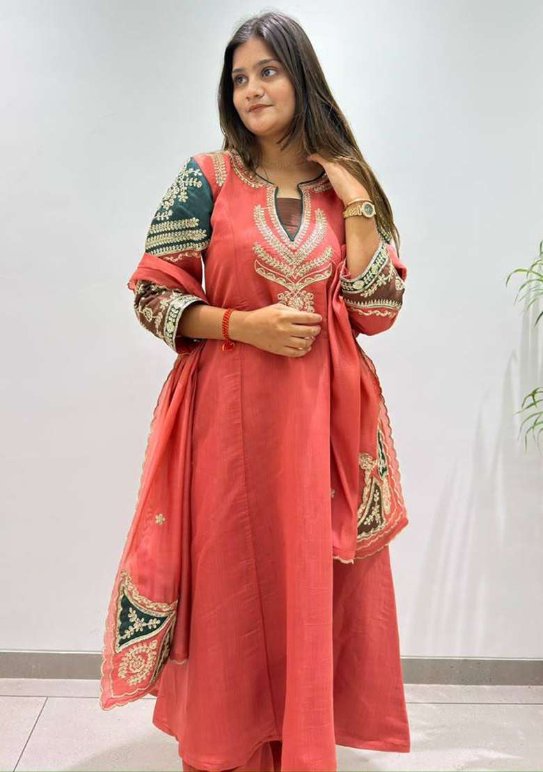 Orange Embroidery Chanderi Kurta Set - Indya