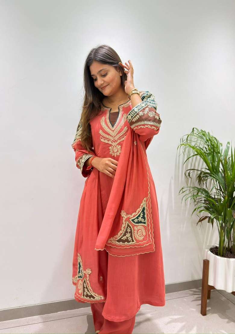 Orange Embroidery Chanderi Kurta Set - Indya