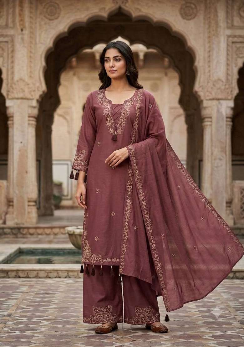 Brown Embroidery Leo Denting Kurta Set - Indya