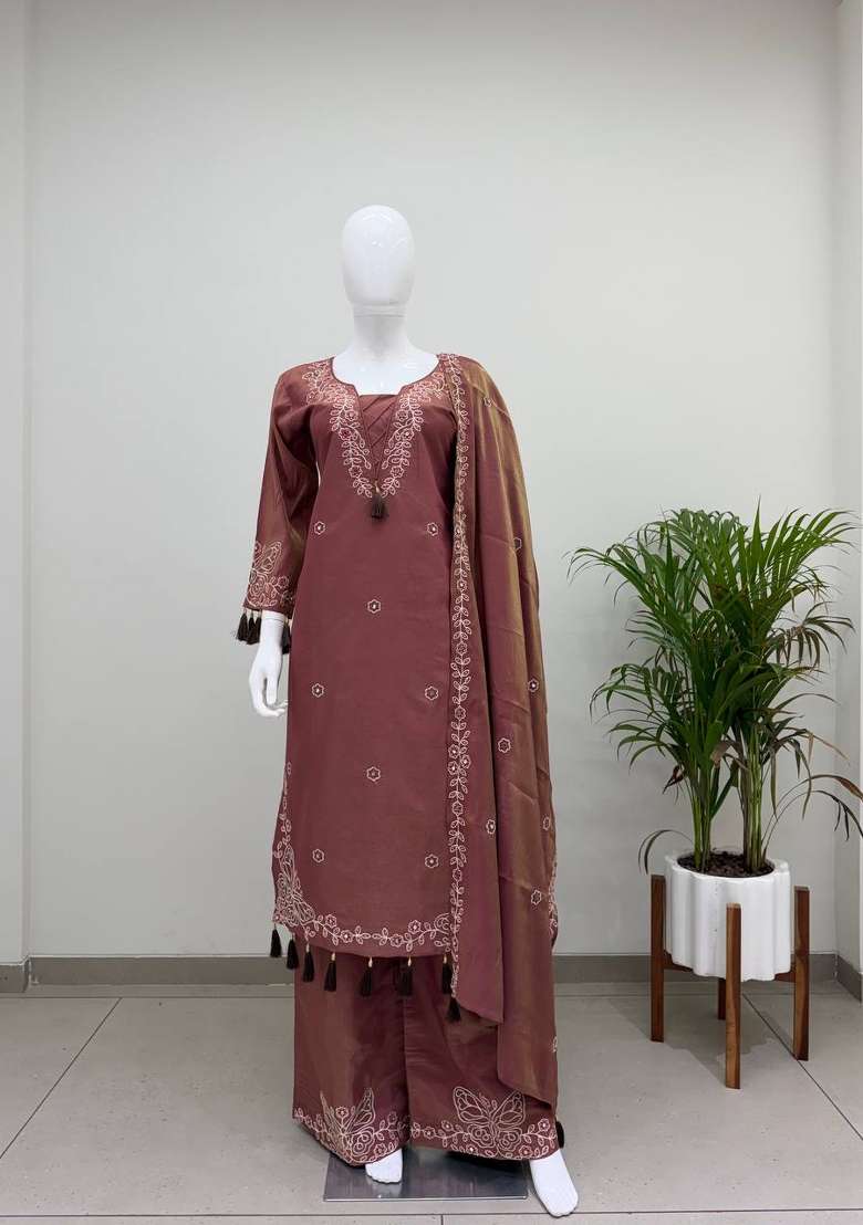 Brown Embroidery Leo Denting Kurta Set - Indya