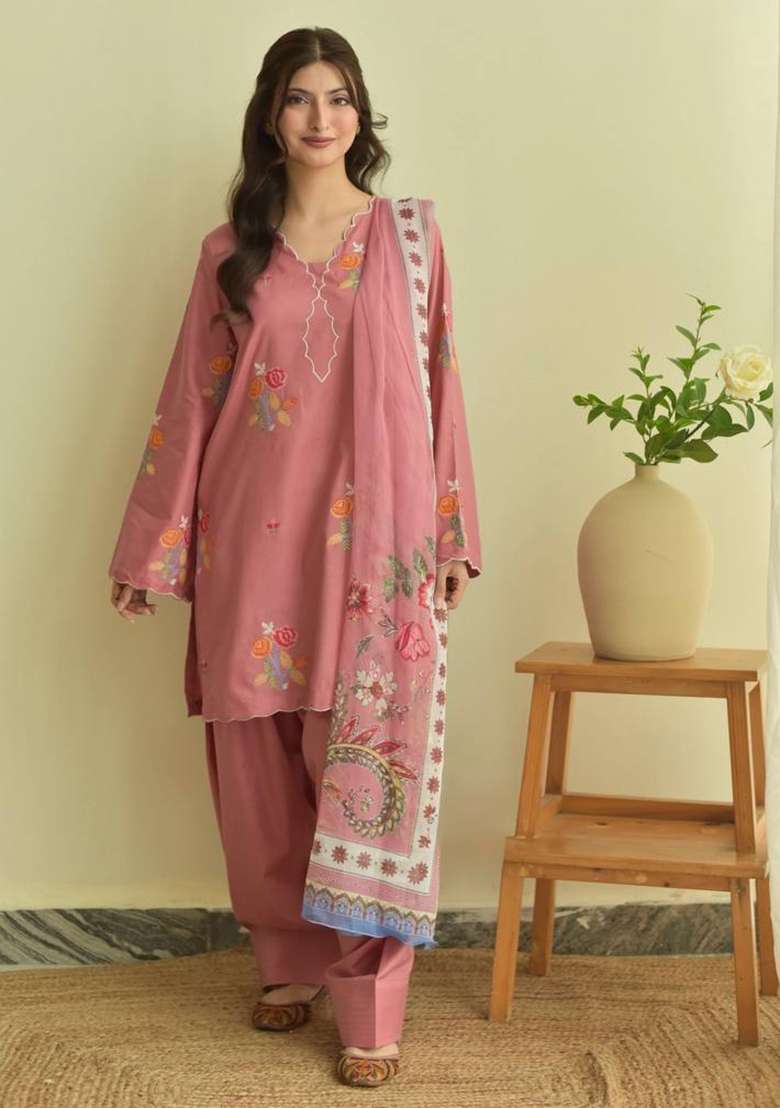 Peach Embroidery Chanderi Kurta Set - Indya