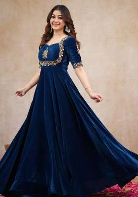 Blue Embroidery Viscose Gown Set