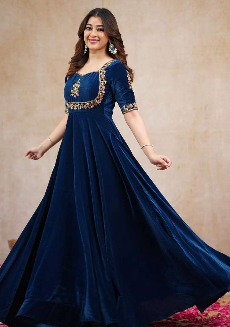 Blue Embroidery Viscose Gown Set - Indya