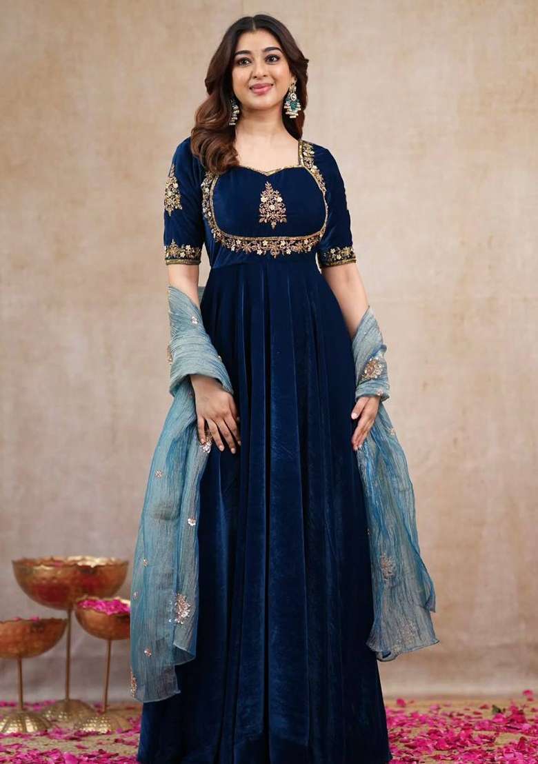 Blue Embroidery Viscose Gown Set - Indya