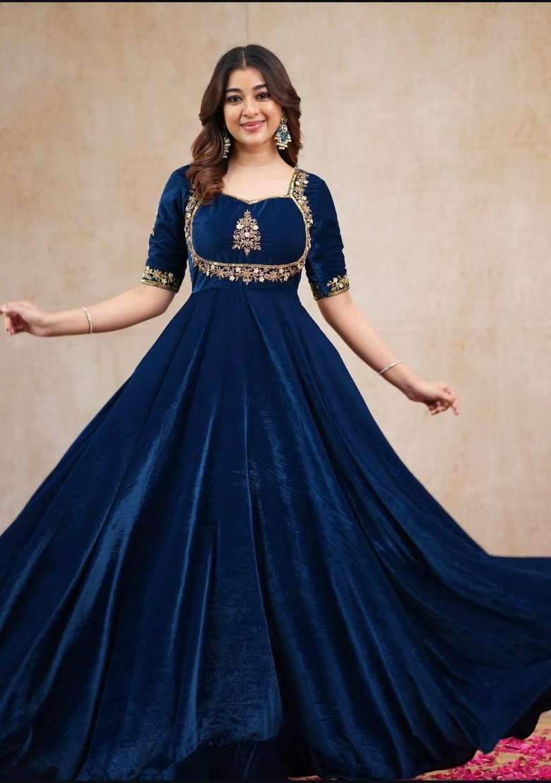Blue Embroidery Viscose Gown Set - Indya