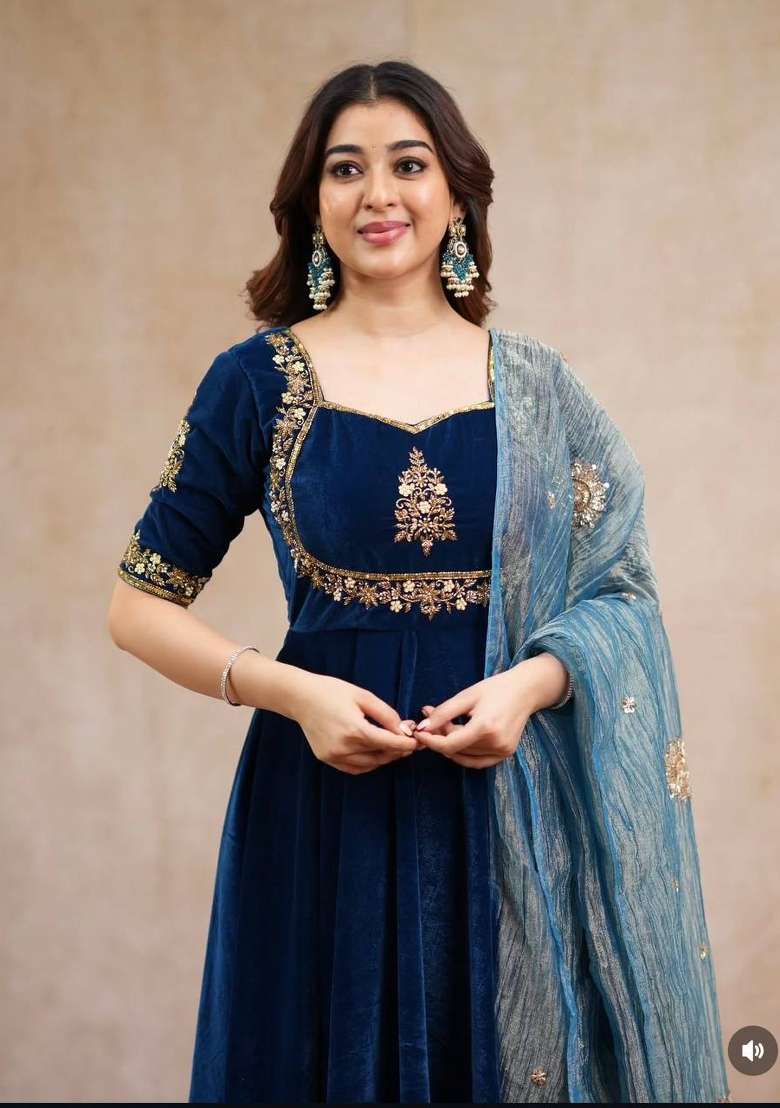 Blue Embroidery Viscose Gown Set - Indya