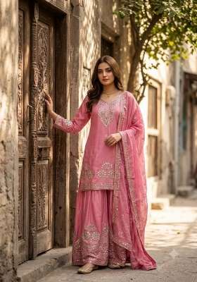 Peach Embroidery Satin Palazzo Set