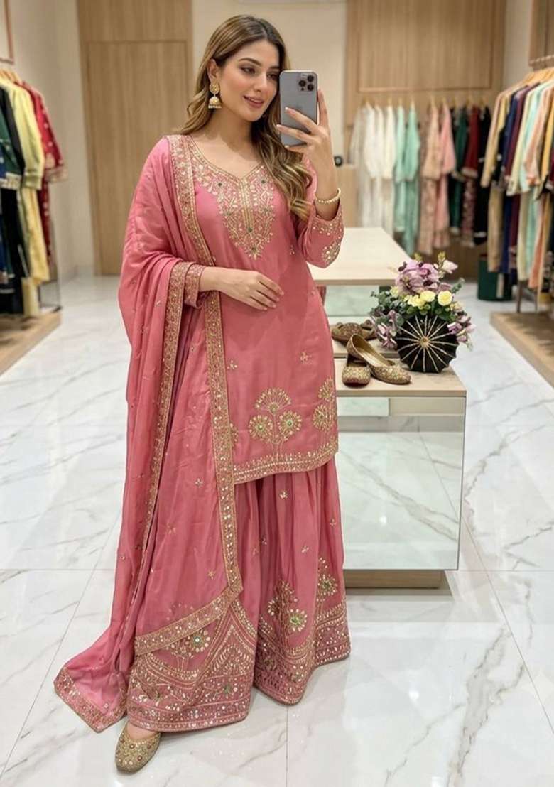 Peach Embroidery Satin Palazzo Set - Indya