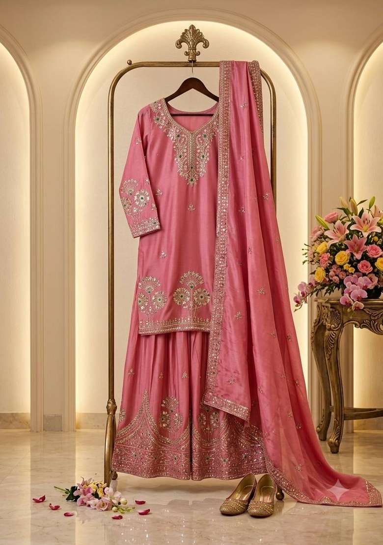 Peach Embroidery Satin Palazzo Set - Indya