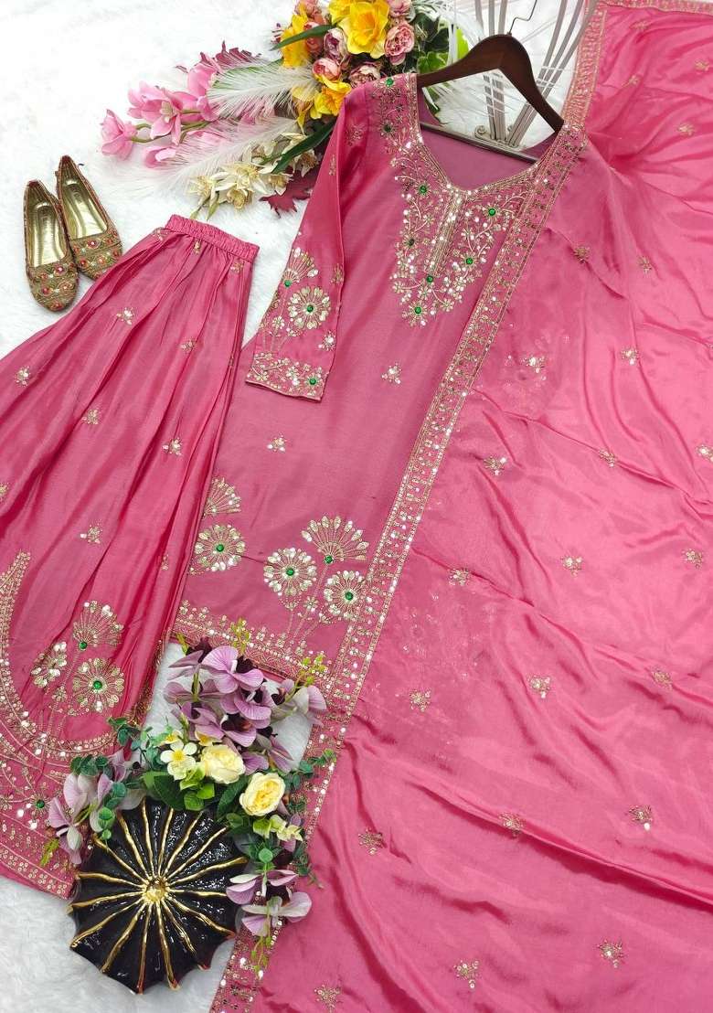 Peach Embroidery Satin Palazzo Set - Indya