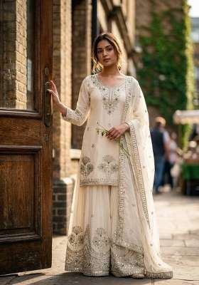 White Embroidery Satin Palazzo Set
