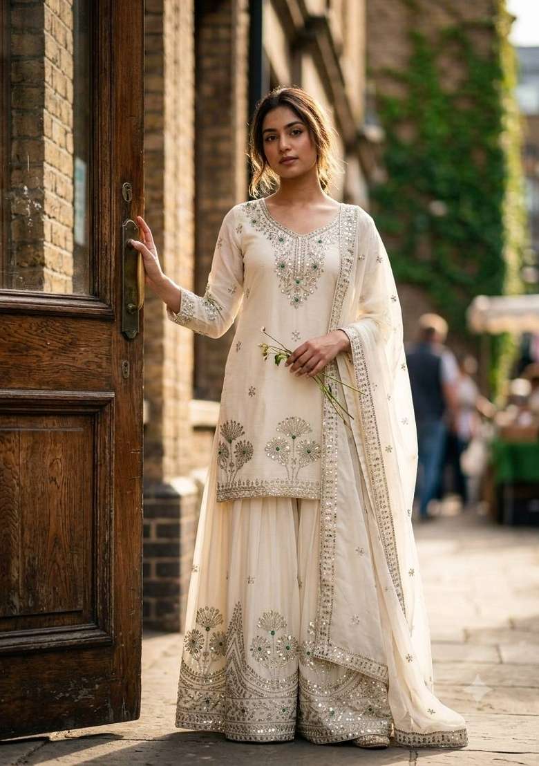 White Embroidery Satin Palazzo Set - Indya