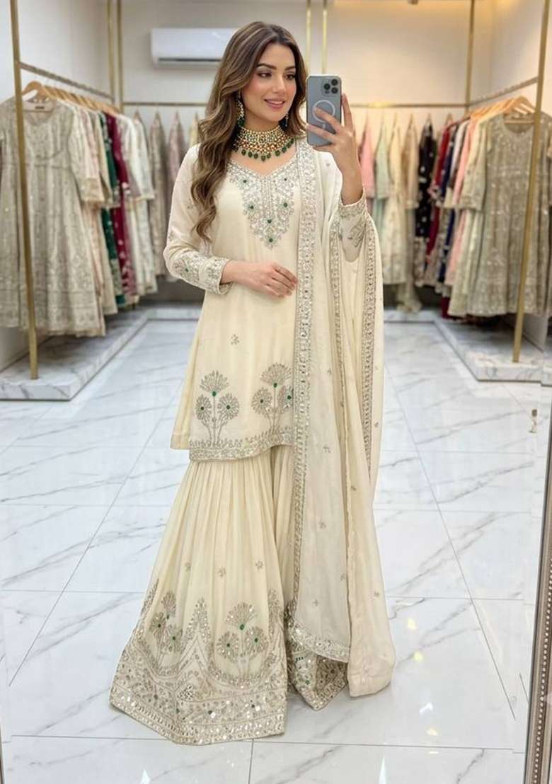 White Embroidery Satin Palazzo Set - Indya