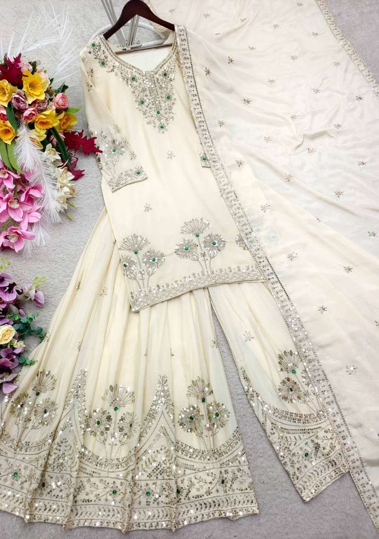 White Embroidery Satin Palazzo Set - Indya