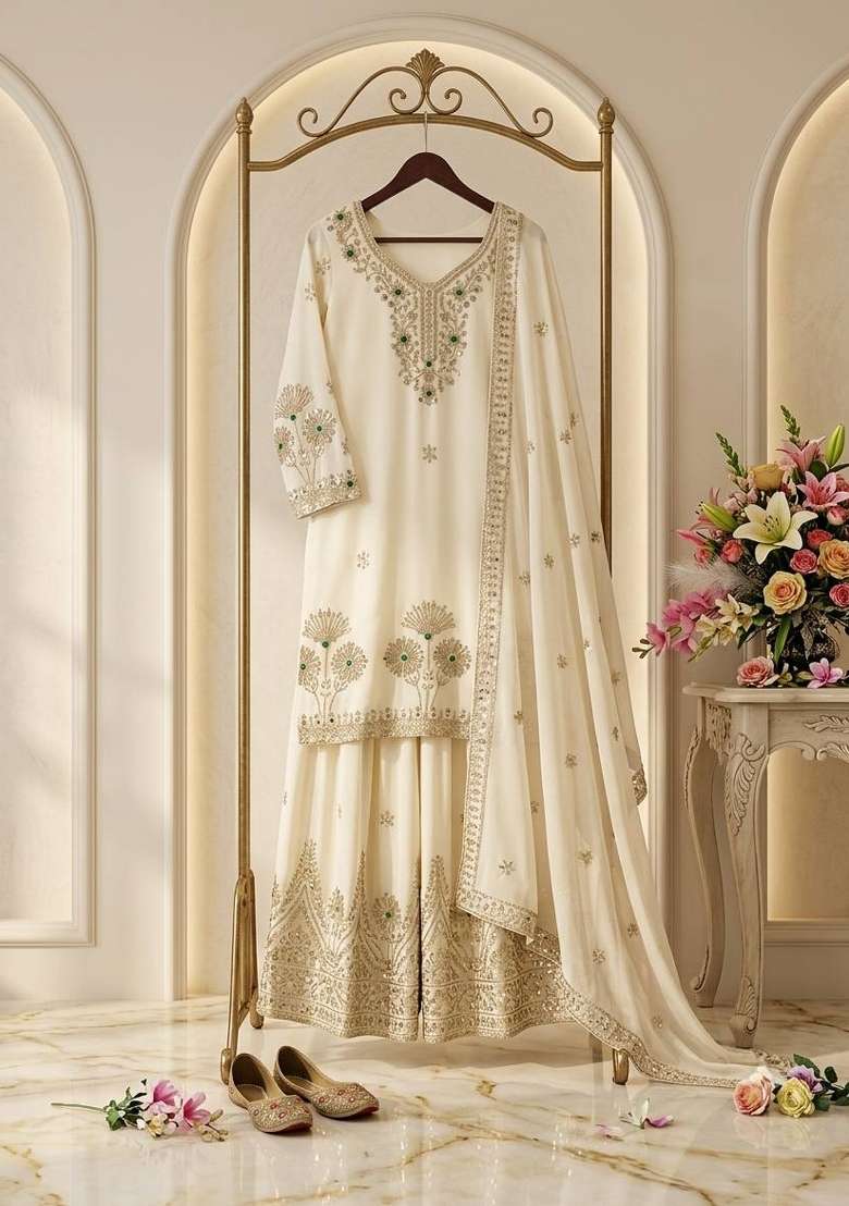 White Embroidery Satin Palazzo Set - Indya