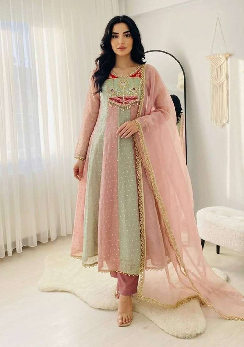 Pink Embroidery Salsa Cruse Gown Set - Indya