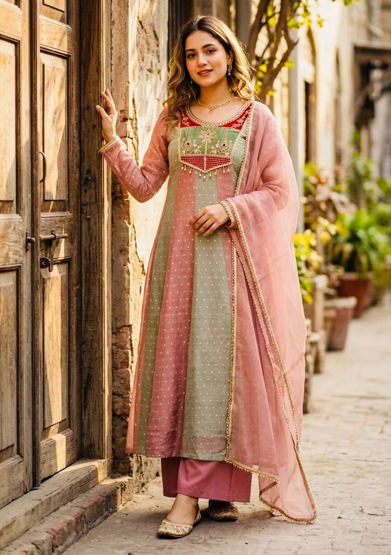 Pink Embroidery Salsa Cruse Gown Set - Indya