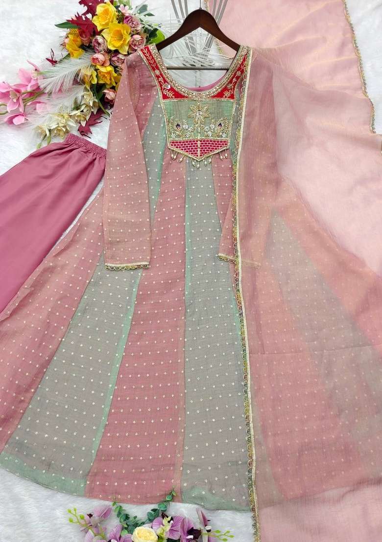 Pink Embroidery Salsa Cruse Gown Set - Indya