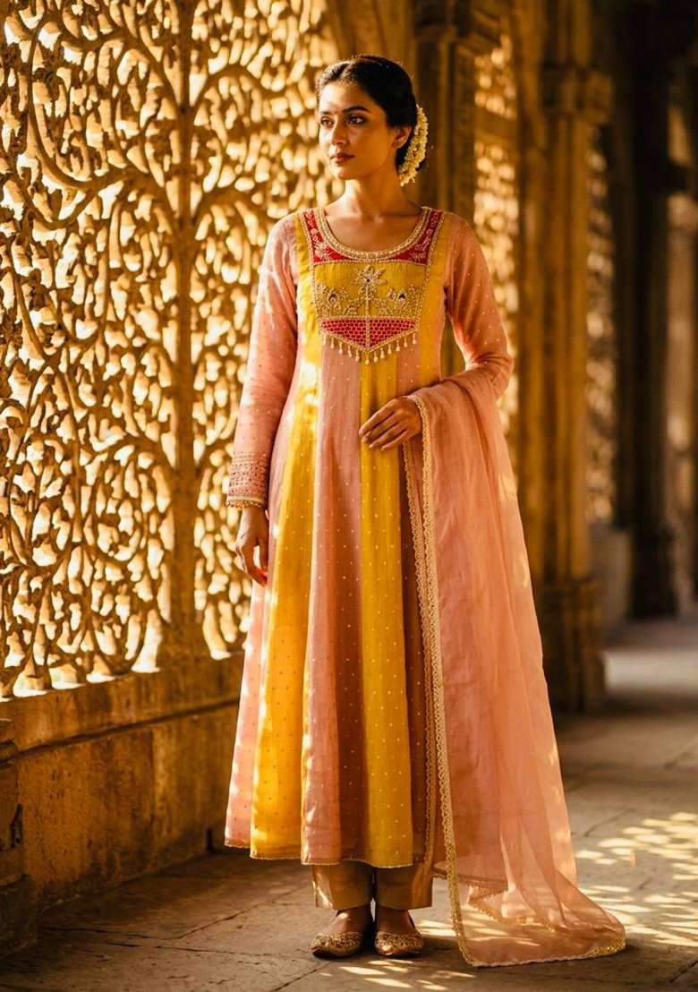 Yellow Embroidery Salsa Cruse Gown Set - Indya