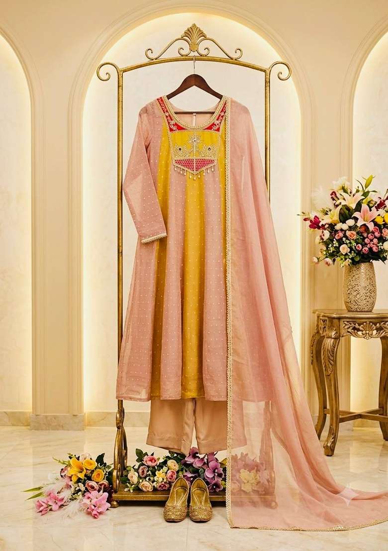 Yellow Embroidery Salsa Cruse Gown Set - Indya