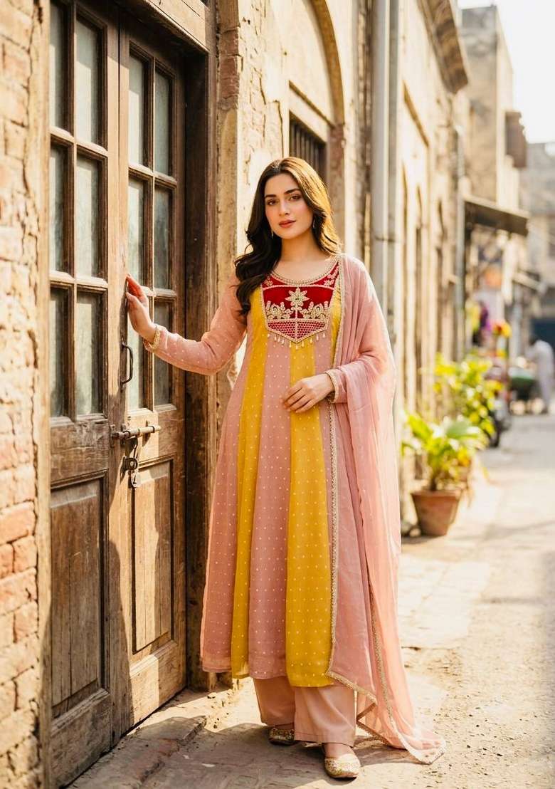 Yellow Embroidery Salsa Cruse Gown Set - Indya