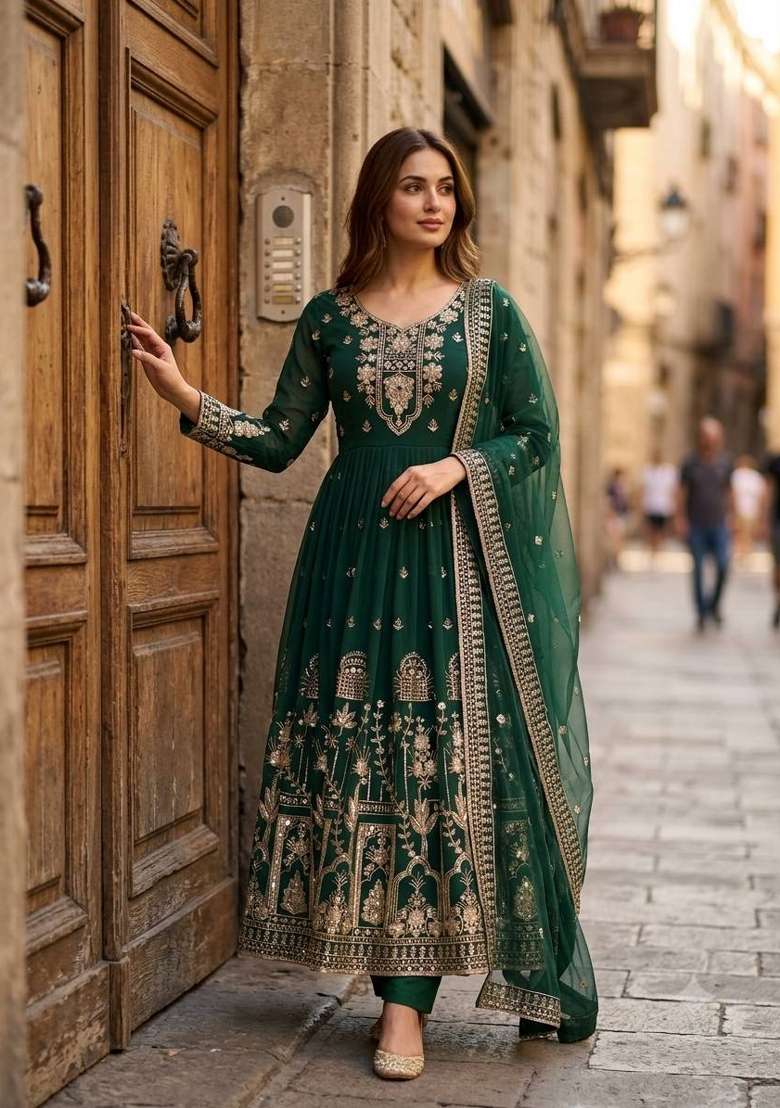 Green Embroidery Georgette Gown Set - Indya