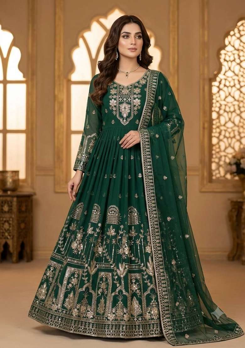 Green Embroidery Georgette Gown Set - Indya