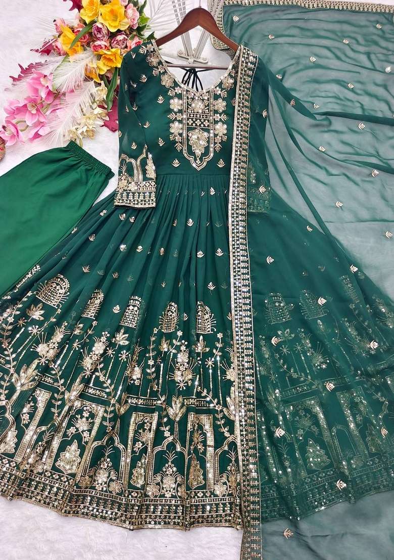 Green Embroidery Georgette Gown Set - Indya