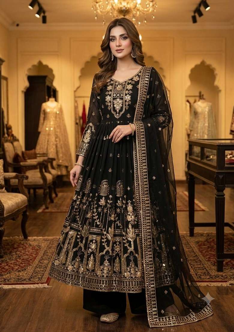 Black Embroidery Georgette Gown Set - Indya
